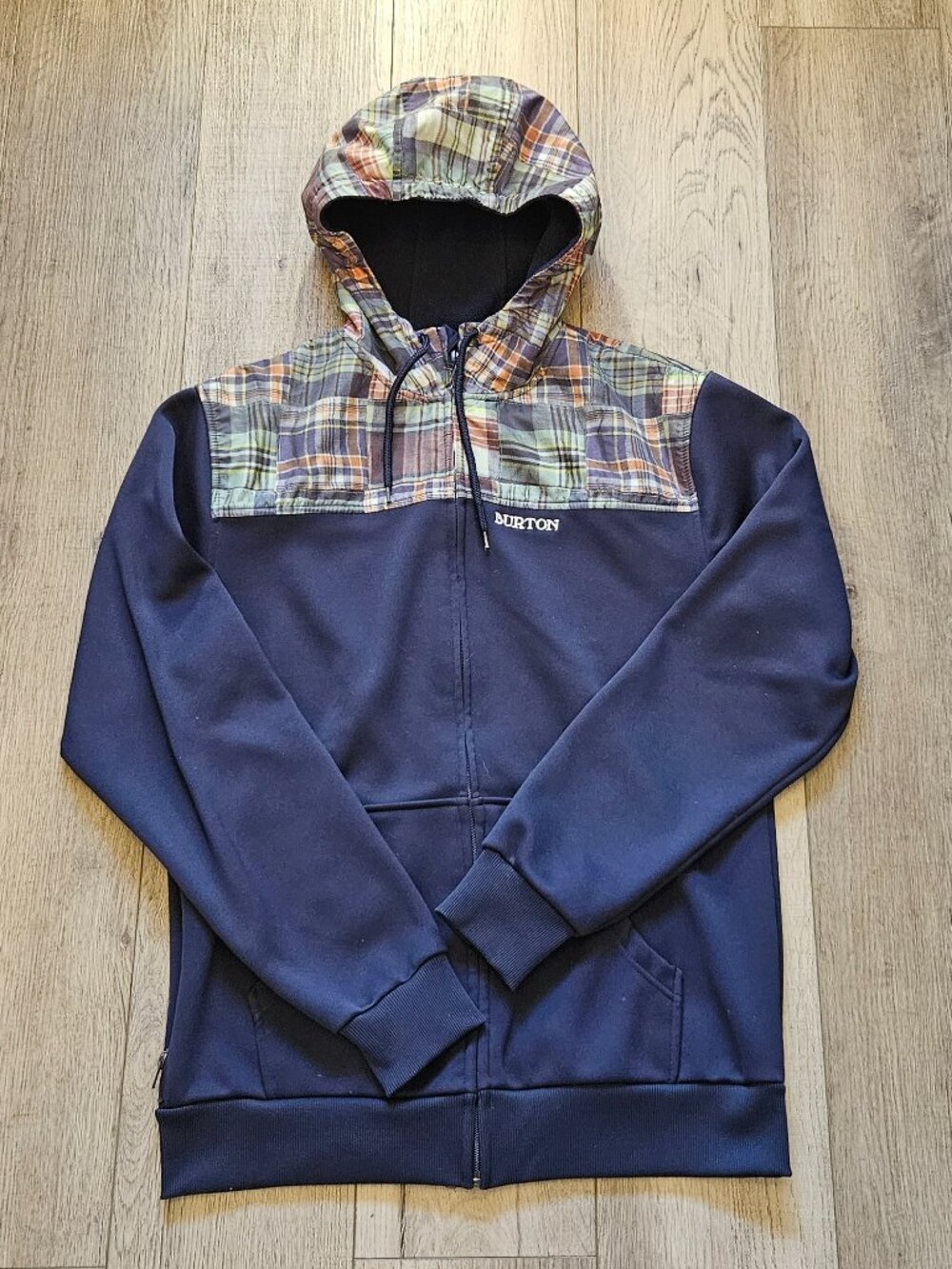 Burton DRYRIDE Mens Medium Navy Blue Plaid Patchwork Snowboard Full Zip Hoodie M